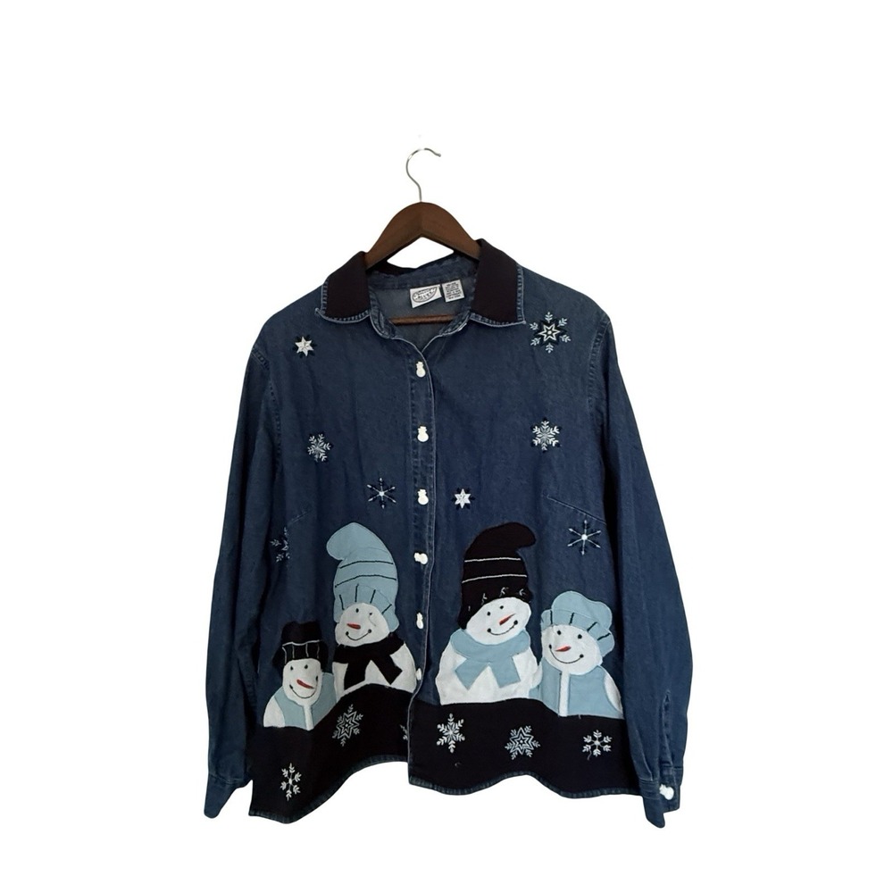 Vtg 90's Carolina Blues Plus Denim Shirt Embroidered‎ Snowman Christmas Holiday